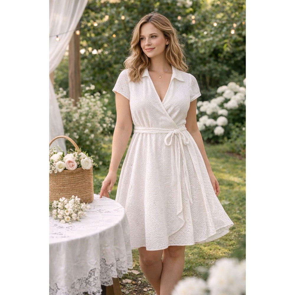 Karen Kane White Eyelet Wrap Dress Size 10‎ Cottagecore Bridal Shower Cotton Tie